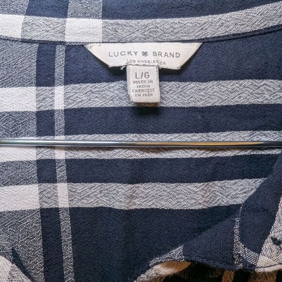 Lucky Brand Women's Size Large Dark Blue White Plaid Button Down Long Sleeve Top - Picture 3 of 12